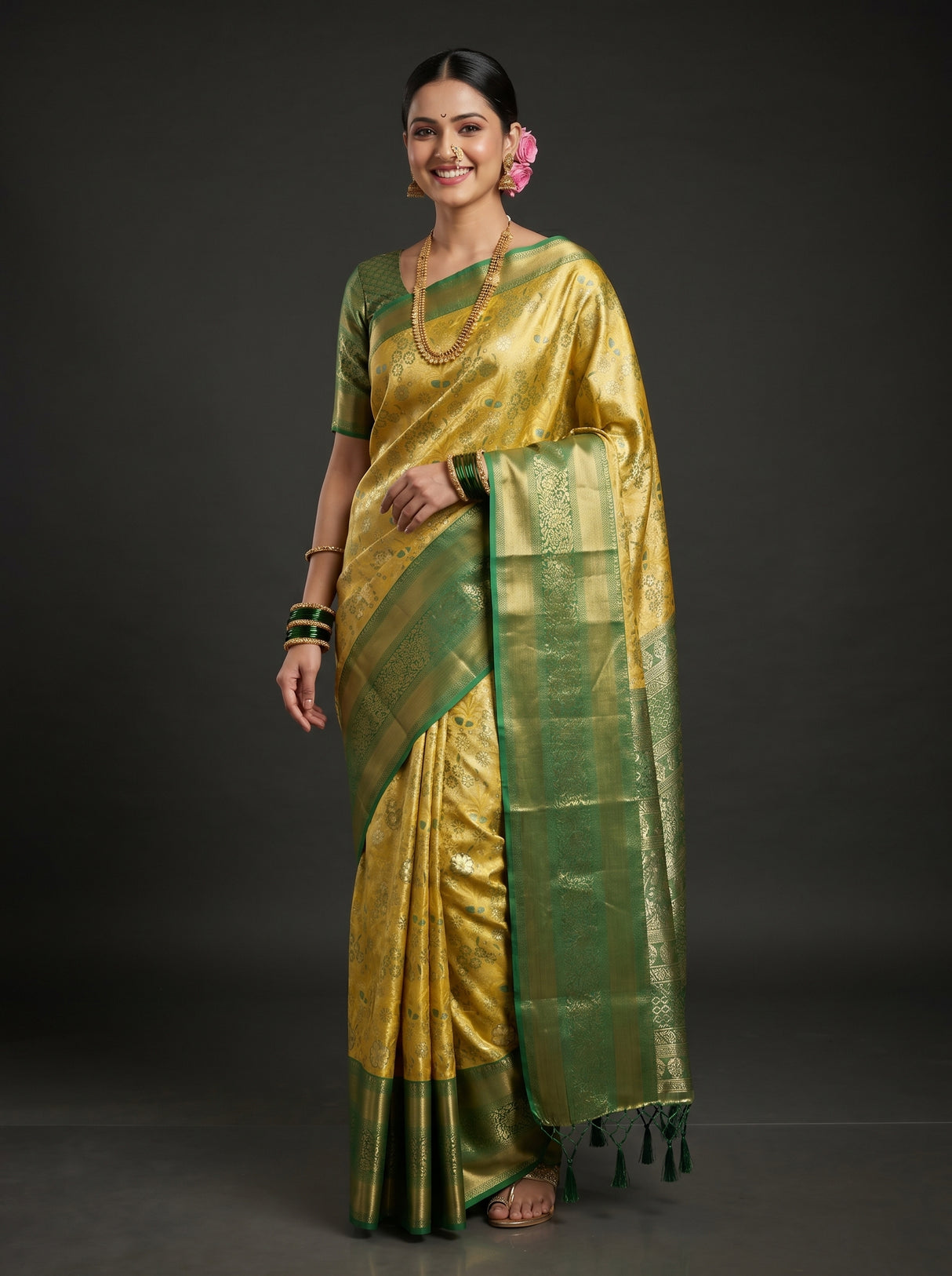 MIMOSA Gold Kanjivaram Art Silk Saree — Mannequin Draped View