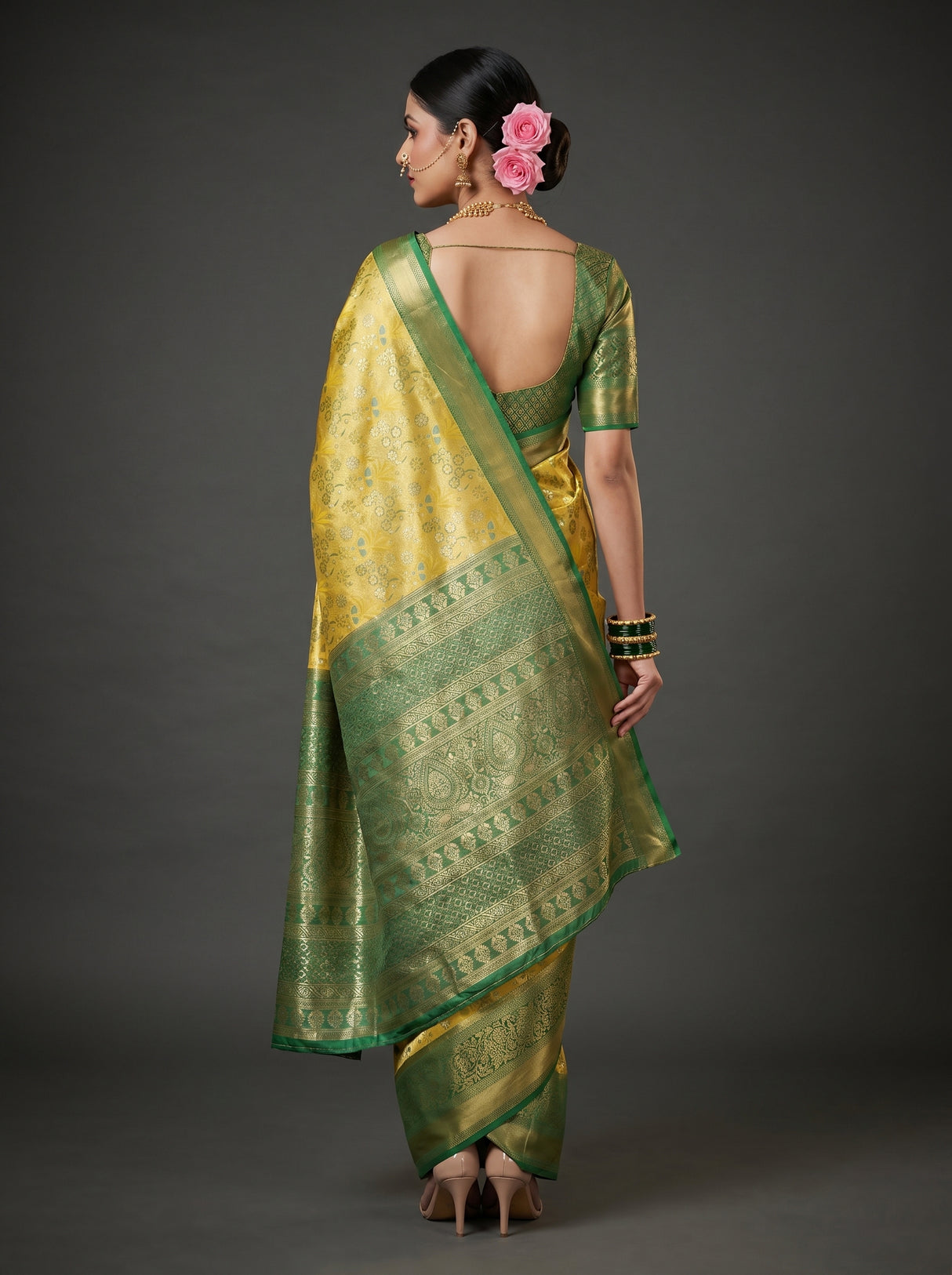 MIMOSA Gold Kanjivaram Saree — Unstitched Green Blouse Fabric