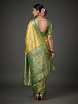 MIMOSA Gold Kanjivaram Saree — Unstitched Green Blouse Fabric