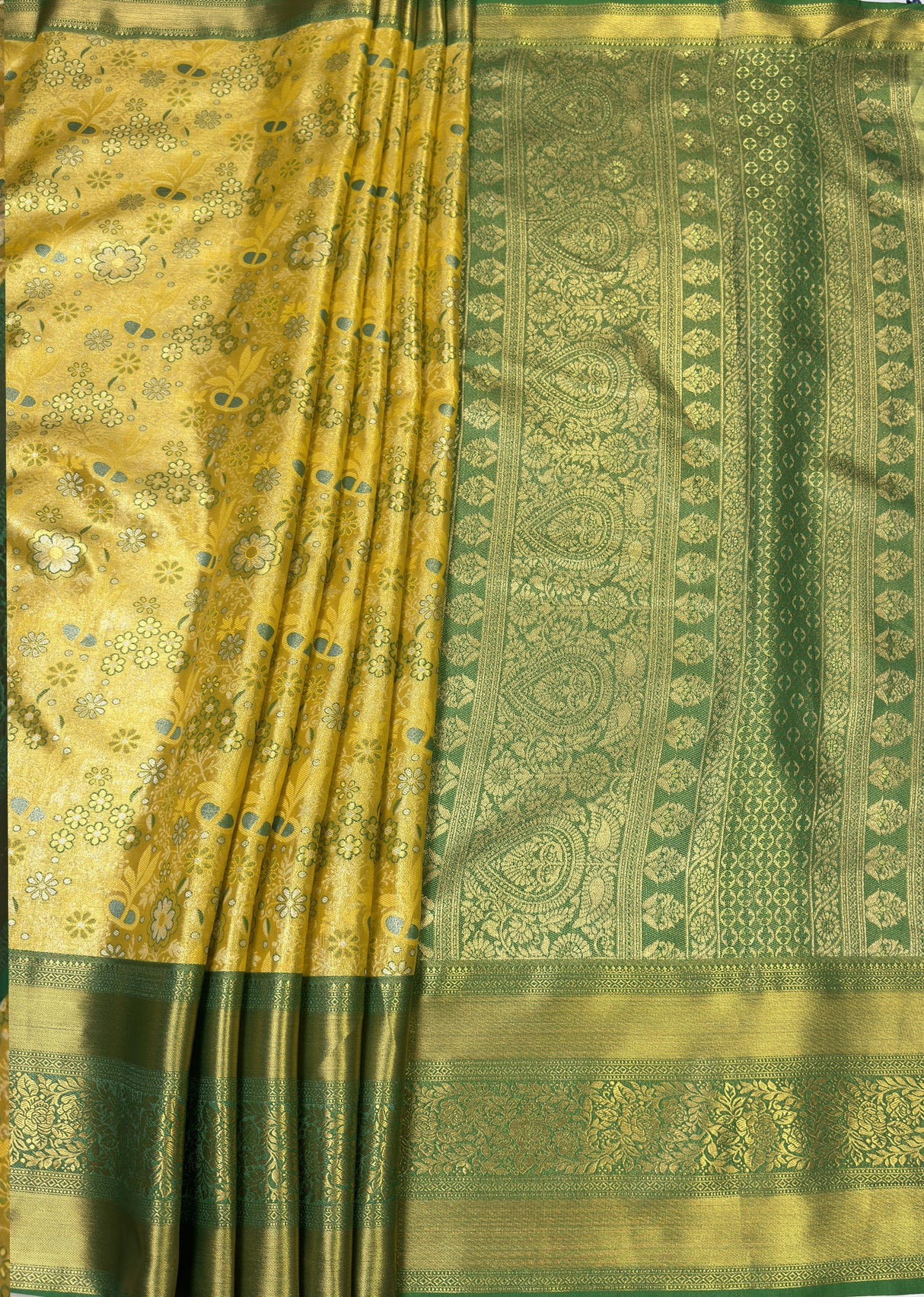 MIMOSA Gold Kanjivaram Art Silk Saree — pallu and zari work detail