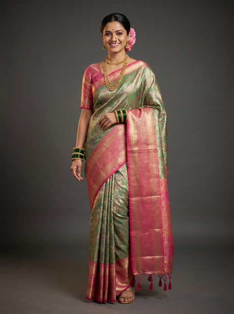 MIMOSA Green Kanjivaram Art Silk Saree — Mannequin Draped View