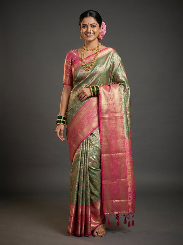 MIMOSA Green Kanjivaram Art Silk Saree — Mannequin Draped View
