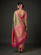 MIMOSA Green Kanjivaram Saree — Unstitched Pink Blouse Fabric