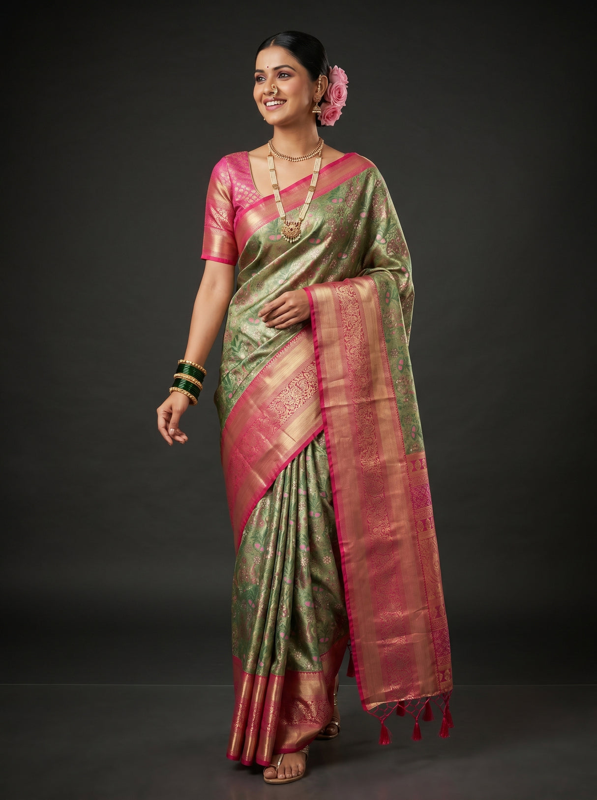 MIMOSA Green Kanjivaram Art Silk Saree — pose 7 styling detail