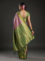 MIMOSA Magenta Kanjivaram Saree — Unstitched Green Blouse Fabric