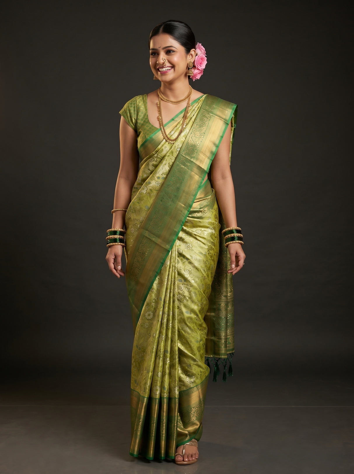 MIMOSA Olive Kanjivaram Art Silk Saree — Mannequin Draped View