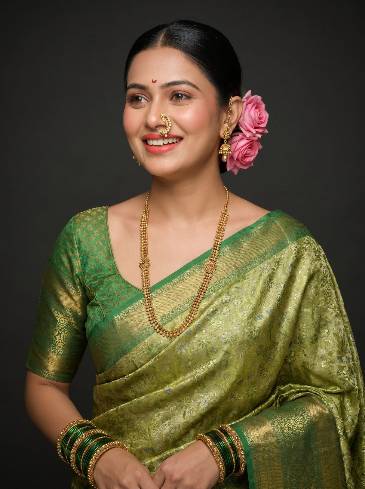 MIMOSA Olive Kanjivaram Art Silk Saree — pose 10 styling detail