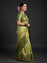 MIMOSA Olive Kanjivaram Saree — Unstitched Green Blouse Fabric