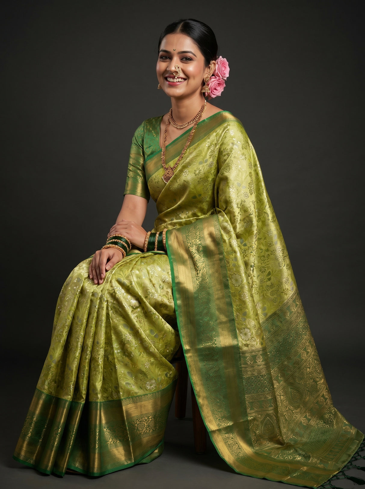 MIMOSA Olive Kanjivaram Art Silk Saree — pose 8 styling detail
