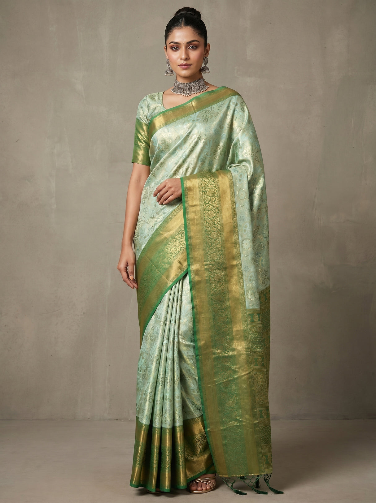 MIMOSA Pista Kanjivaram Art Silk Saree — Mannequin Draped View