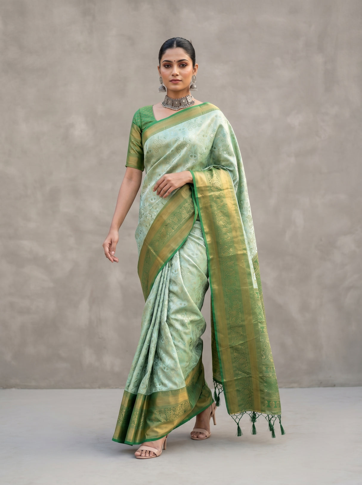 MIMOSA Pista Kanjivaram Art Silk Saree — pose 7 styling detail