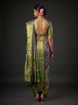 MIMOSA Violet Kanjivaram Saree — Unstitched Green Blouse Fabric