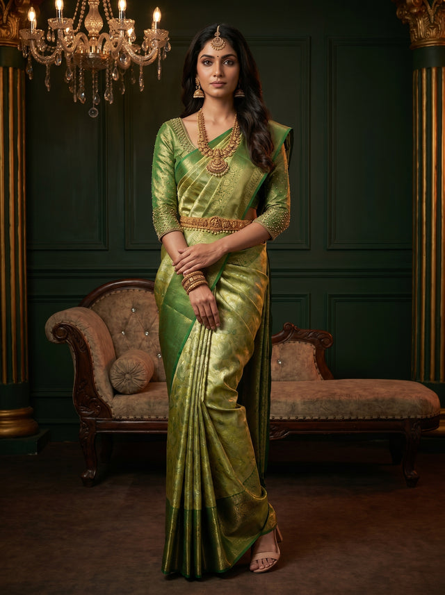 MIMOSA Olive Kanjivaram Art Silk Saree — Draped Mannequin View