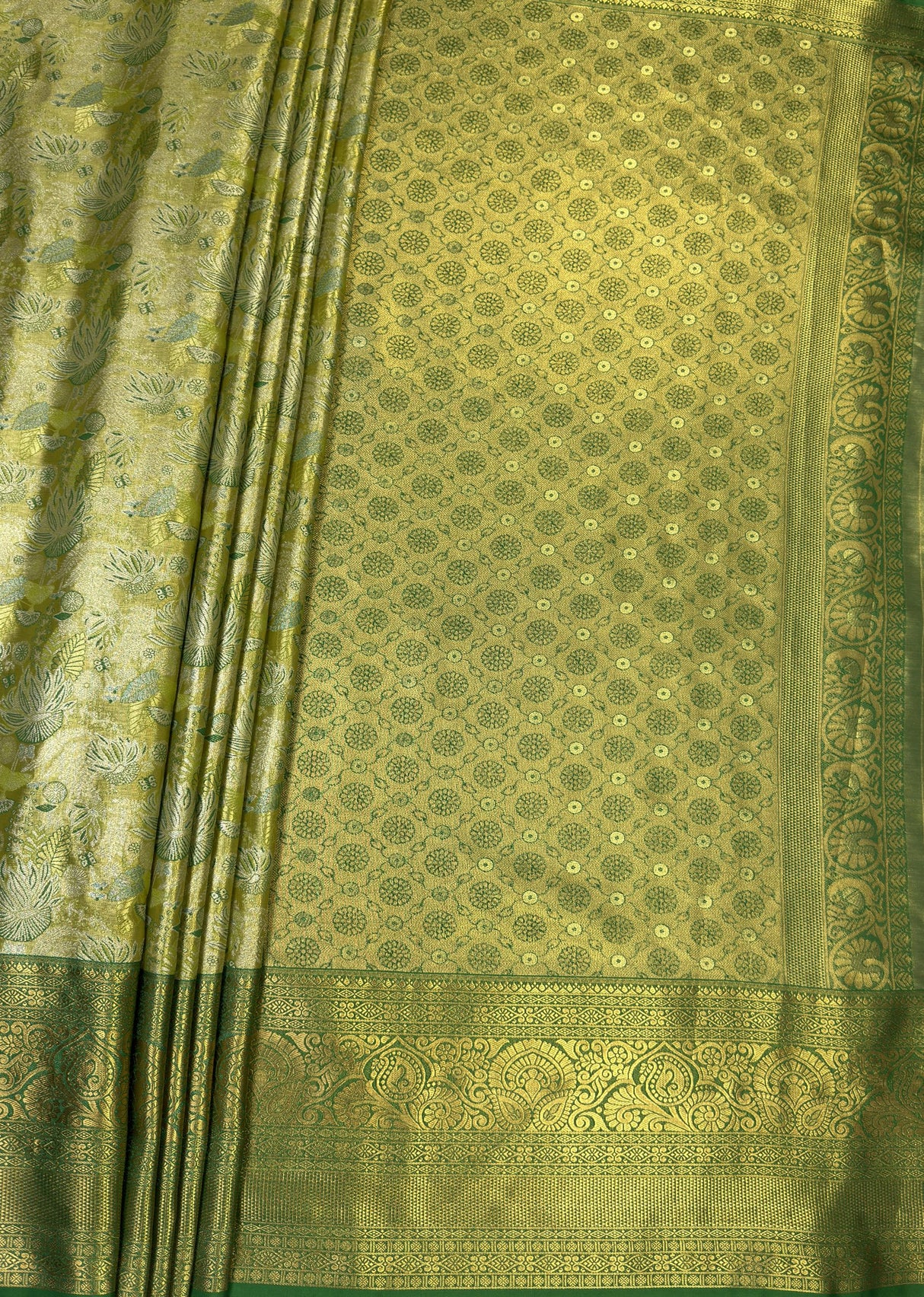 MIMOSA Olive Kanjivaram Art Silk Saree — pallu and zari work detail