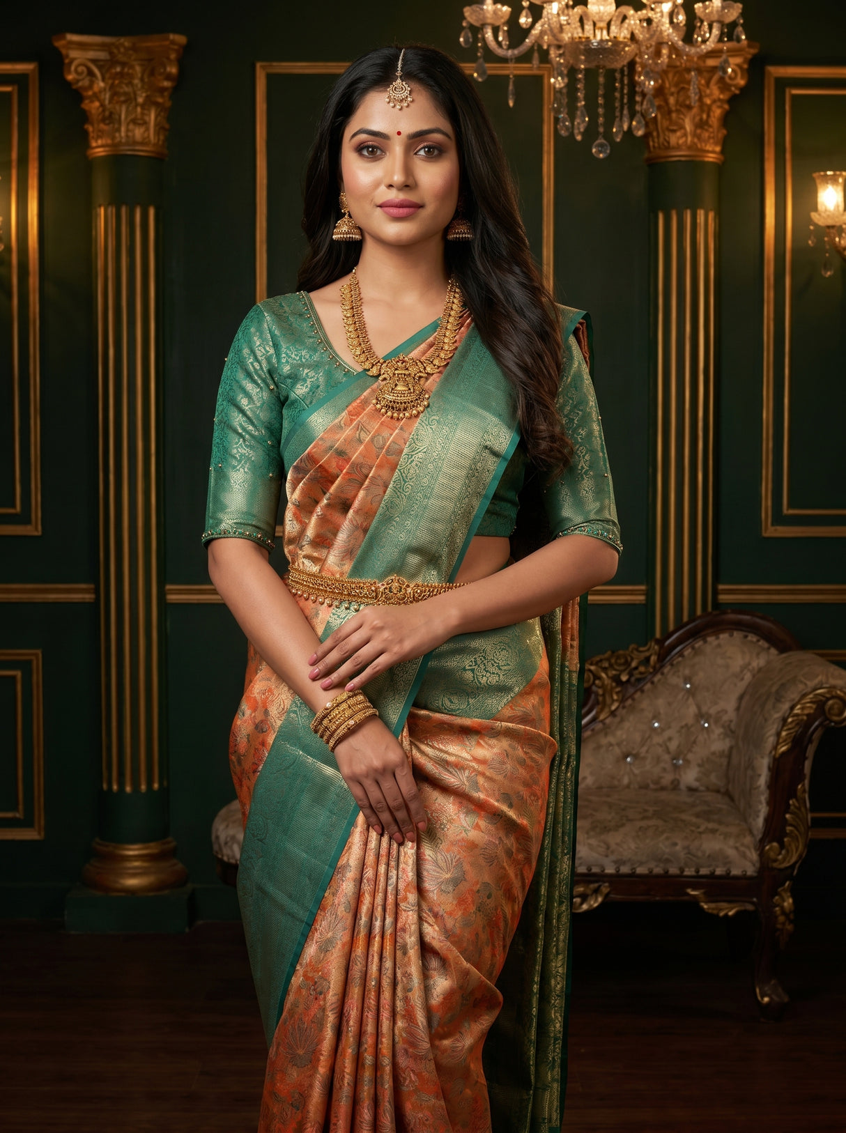 MIMOSA Orange Kanjivaram Art Silk Saree — Draped Mannequin View