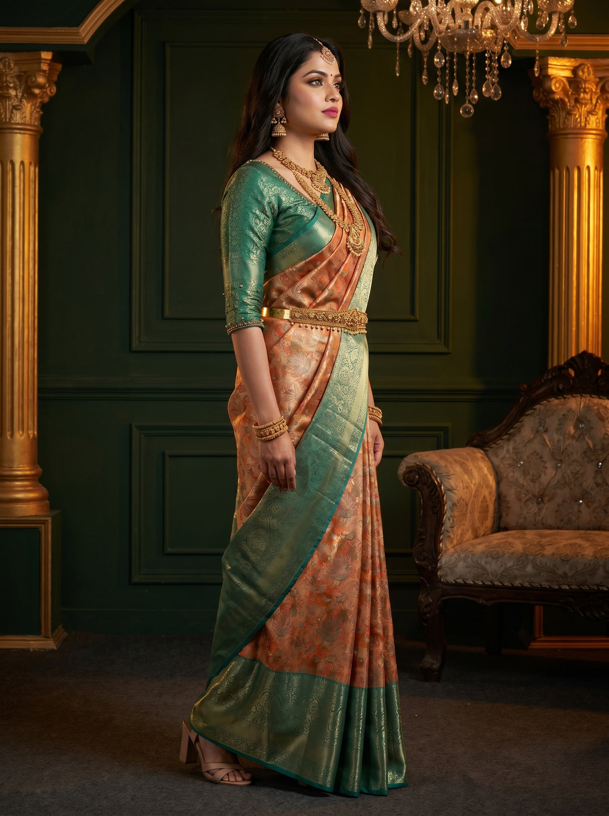 MIMOSA Orange Kanjivaram Art Silk Saree — Full View on Model