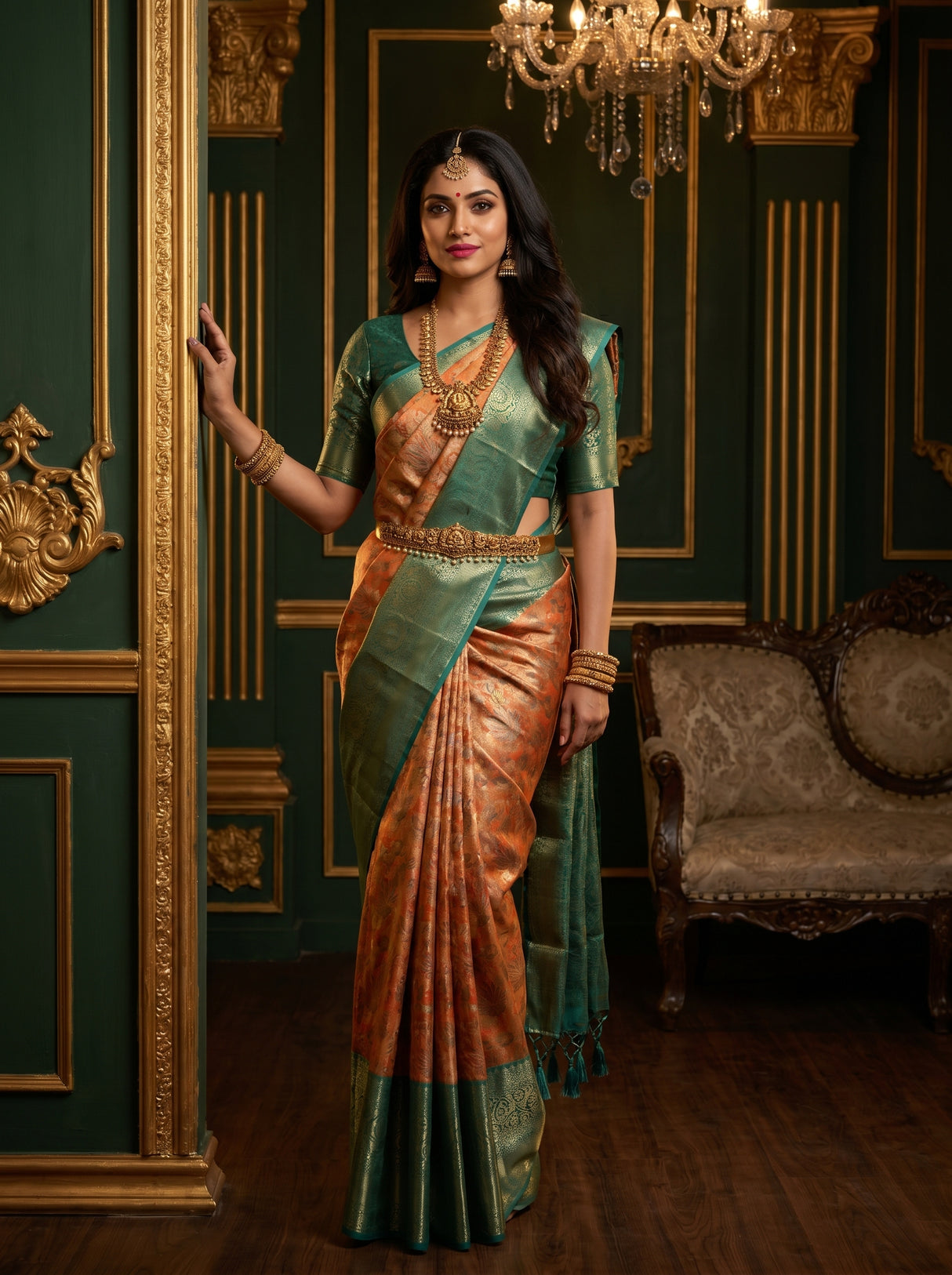 MIMOSA Orange Kanjivaram Art Silk Saree — pose 4 styling detail