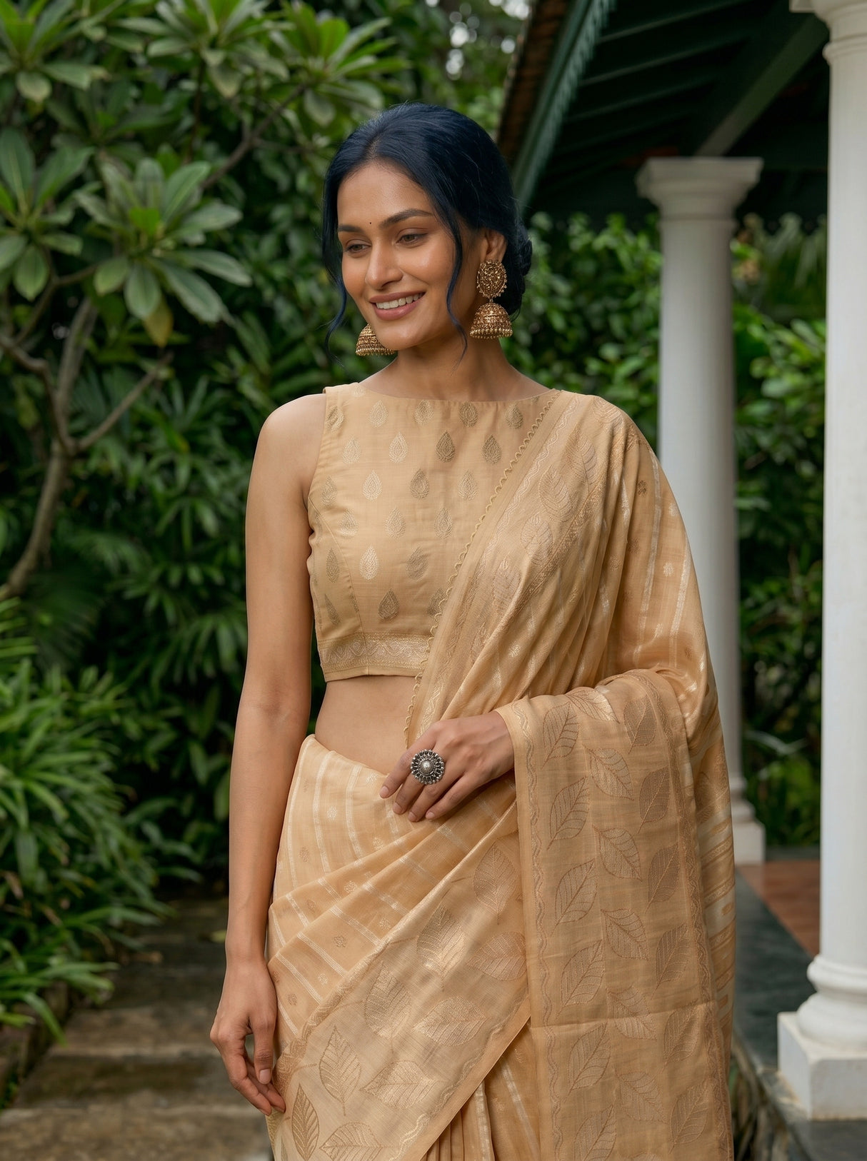 MIMOSA Chiku Banarasi Saree — pose 10 styling detail
