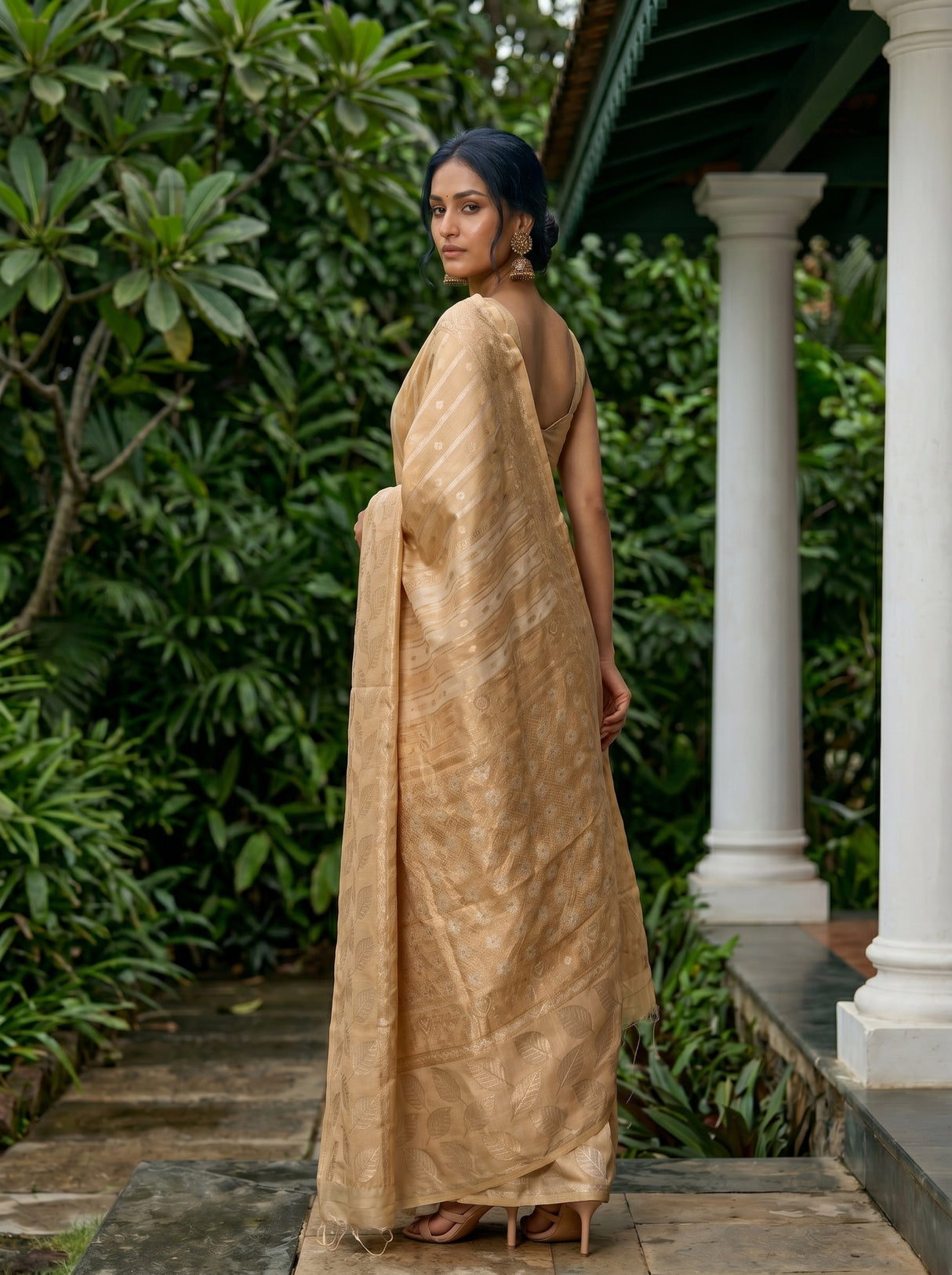 MIMOSA Chiku Banarasi Saree — pose 7 styling detail