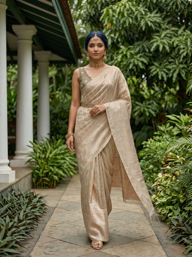 MIMOSA Grey Banarasi Art Silk Saree — Model lifestyle pose