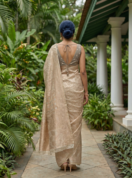 MIMOSA Grey Banarasi Art Silk Saree — Close-up of model's face and earrings