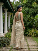MIMOSA Rama Banarasi Art Silk Saree — Close-up of saree pleats and feet