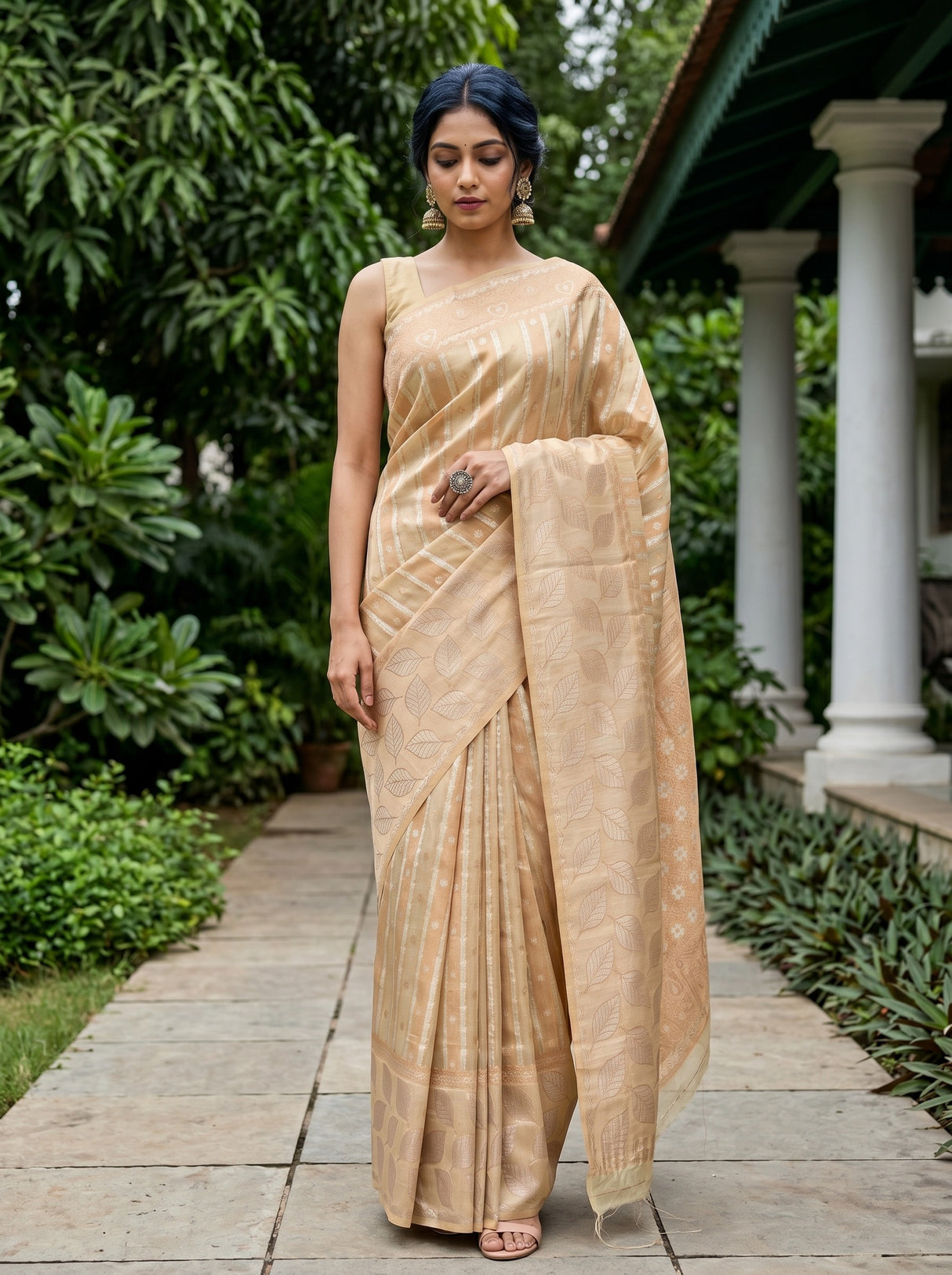 MIMOSA Tussar Banarasi Art Silk Saree — Model lifestyle pose