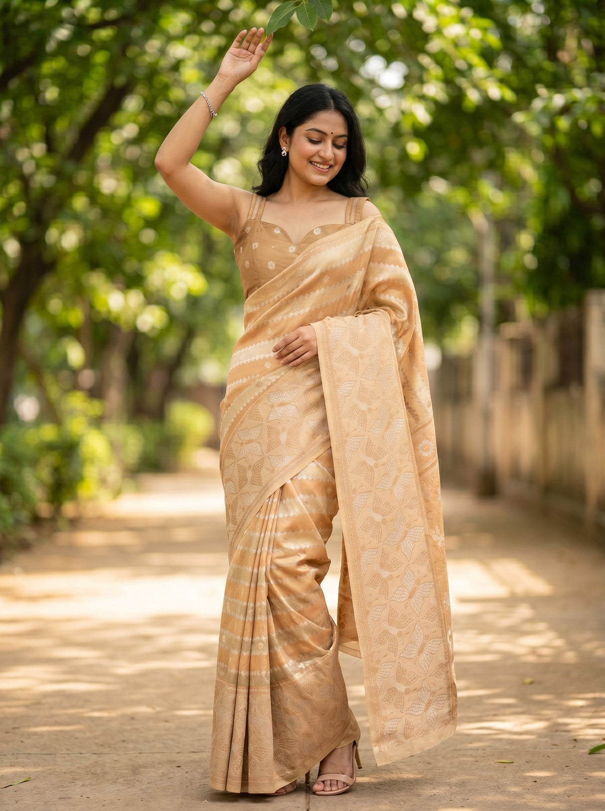 MIMOSA Chiku Banarasi Art Silk Saree — AI model standing with arm raised