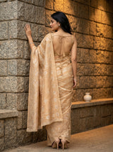 MIMOSA Chiku Banarasi Art Silk Saree — close-up of model's face and arm