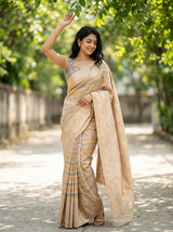 MIMOSA Grey Banarasi Art Silk Saree — AI model standing with arm raised