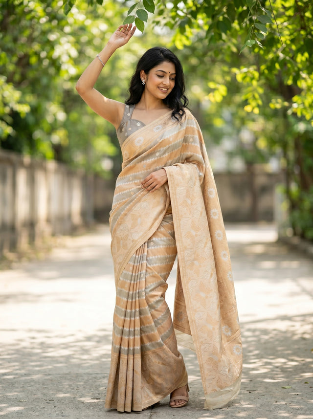 MIMOSA Grey Banarasi Art Silk Saree — AI model standing with arm raised