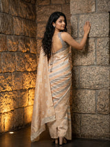MIMOSA Grey Banarasi Art Silk Saree — close-up of model's face and arm