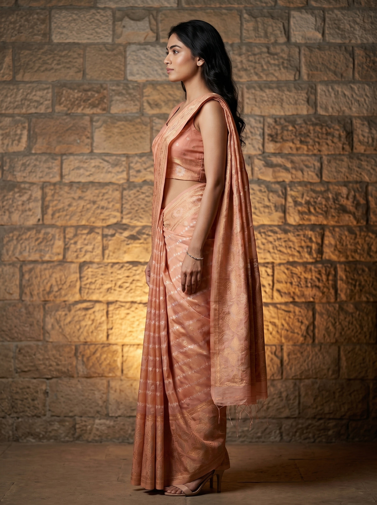 MIMOSA Pink Banarasi Art Silk Saree — close-up of model's face and arm