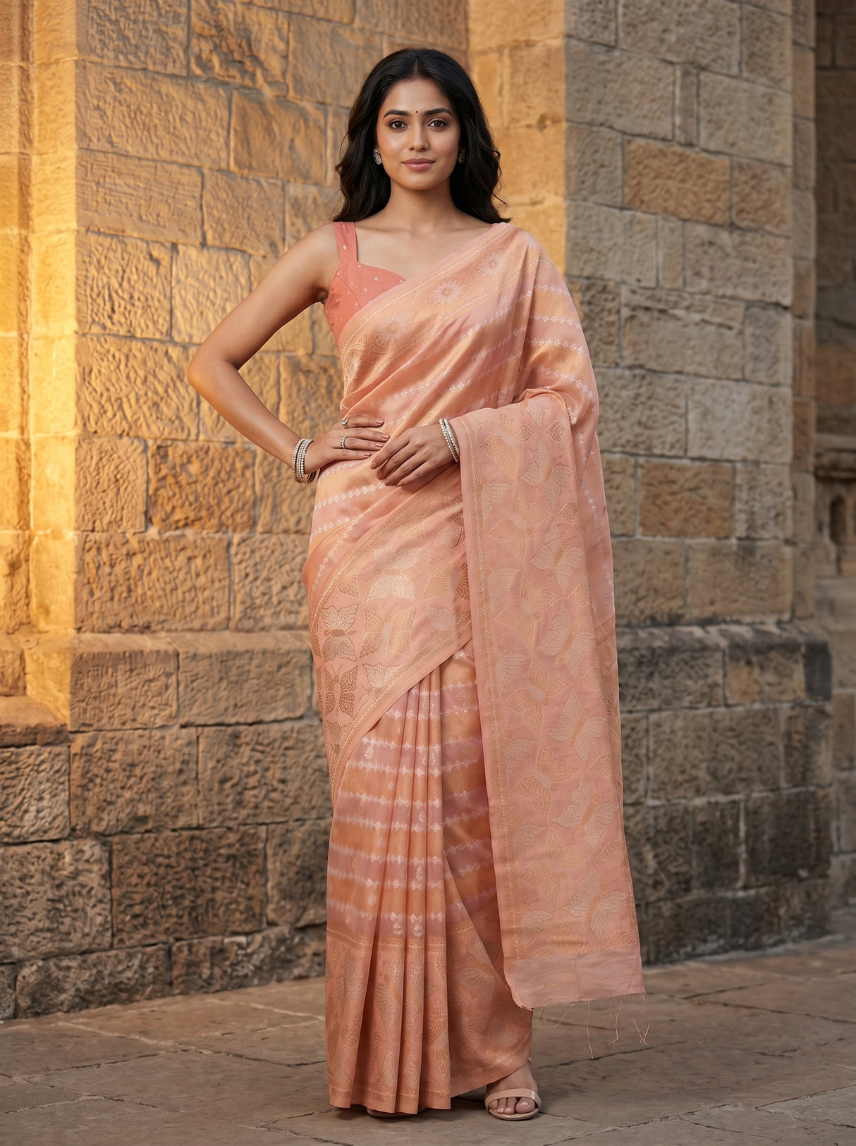 MIMOSA Pink Banarasi Art Silk Saree — close-up of model's torso and saree drape
