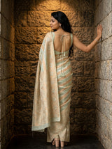 MIMOSA Rama Banarasi Art Silk Saree — close-up of model's face and arm