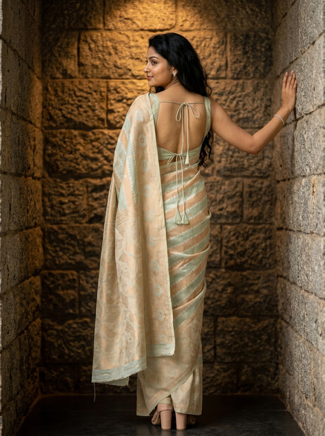 MIMOSA Rama Banarasi Art Silk Saree — close-up of model's face and arm