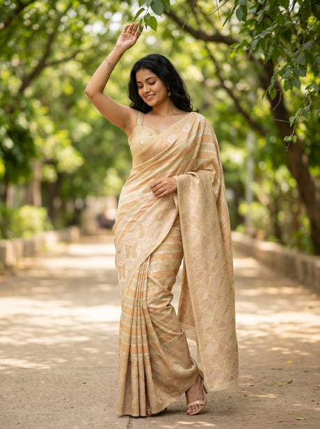 MIMOSA Tussar Banarasi Art Silk Saree — AI model standing with arm raised