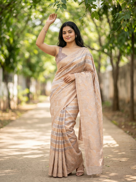 MIMOSA Violet Banarasi Art Silk Saree — AI model standing with arm raised