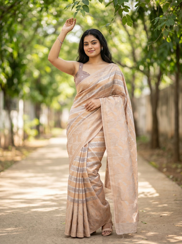 MIMOSA Violet Banarasi Art Silk Saree — AI model standing with arm raised