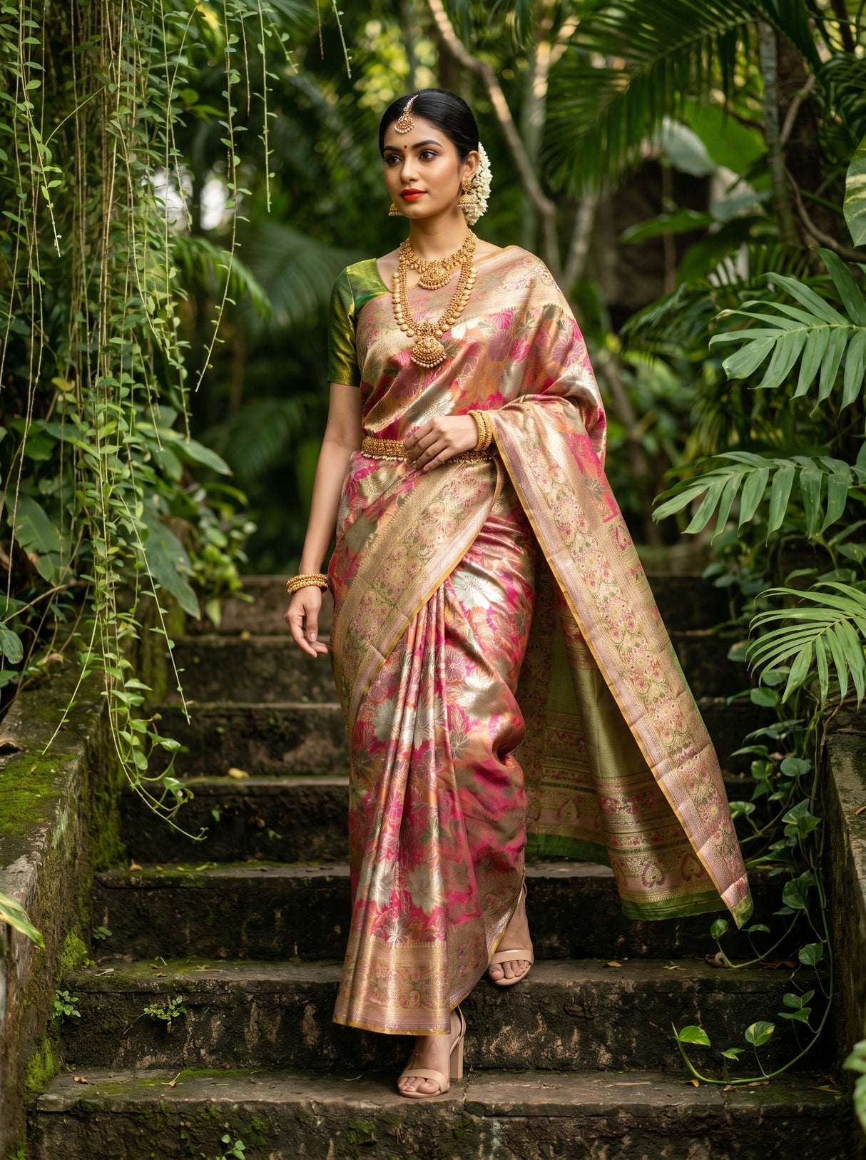 MIMOSA Rani Kanjivaram Art Silk Saree — Styled on AI Model