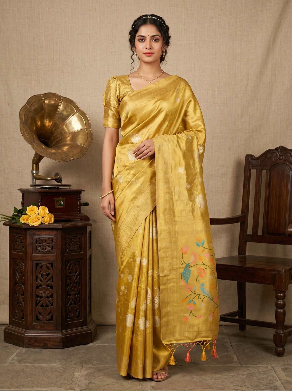 MIMOSA Gold Kanjivaram Art Silk Saree — AI Model lifestyle pose