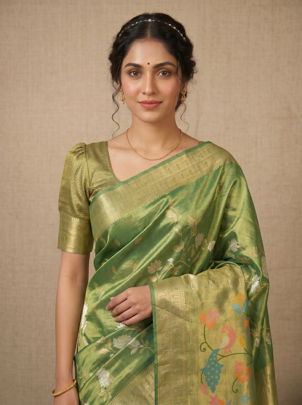 MIMOSA Green Kanjivaram Art Silk Saree — pose 10 styling detail