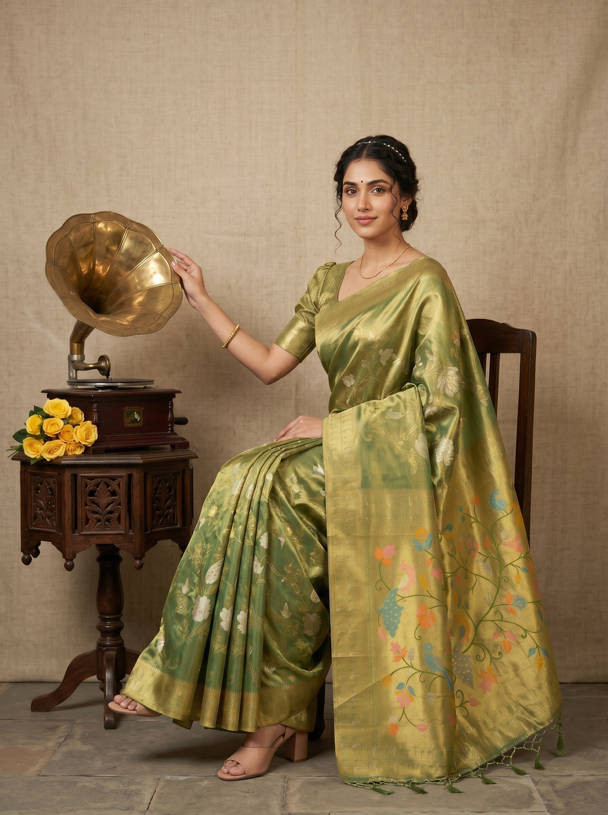 MIMOSA Green Kanjivaram Art Silk Saree — pose 4 styling detail