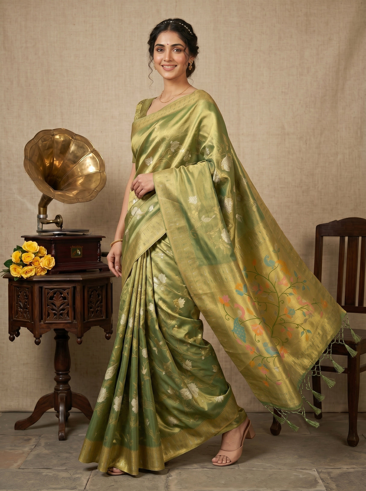 MIMOSA Green Kanjivaram Art Silk Saree — pose 6 styling detail