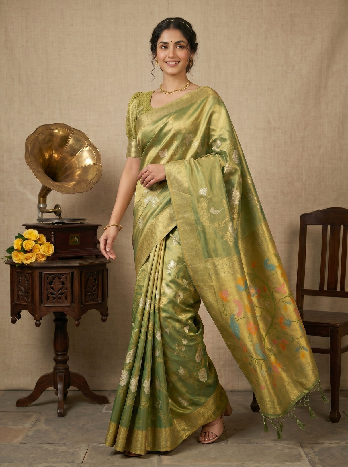 MIMOSA Green Kanjivaram Art Silk Saree — pose 7 styling detail