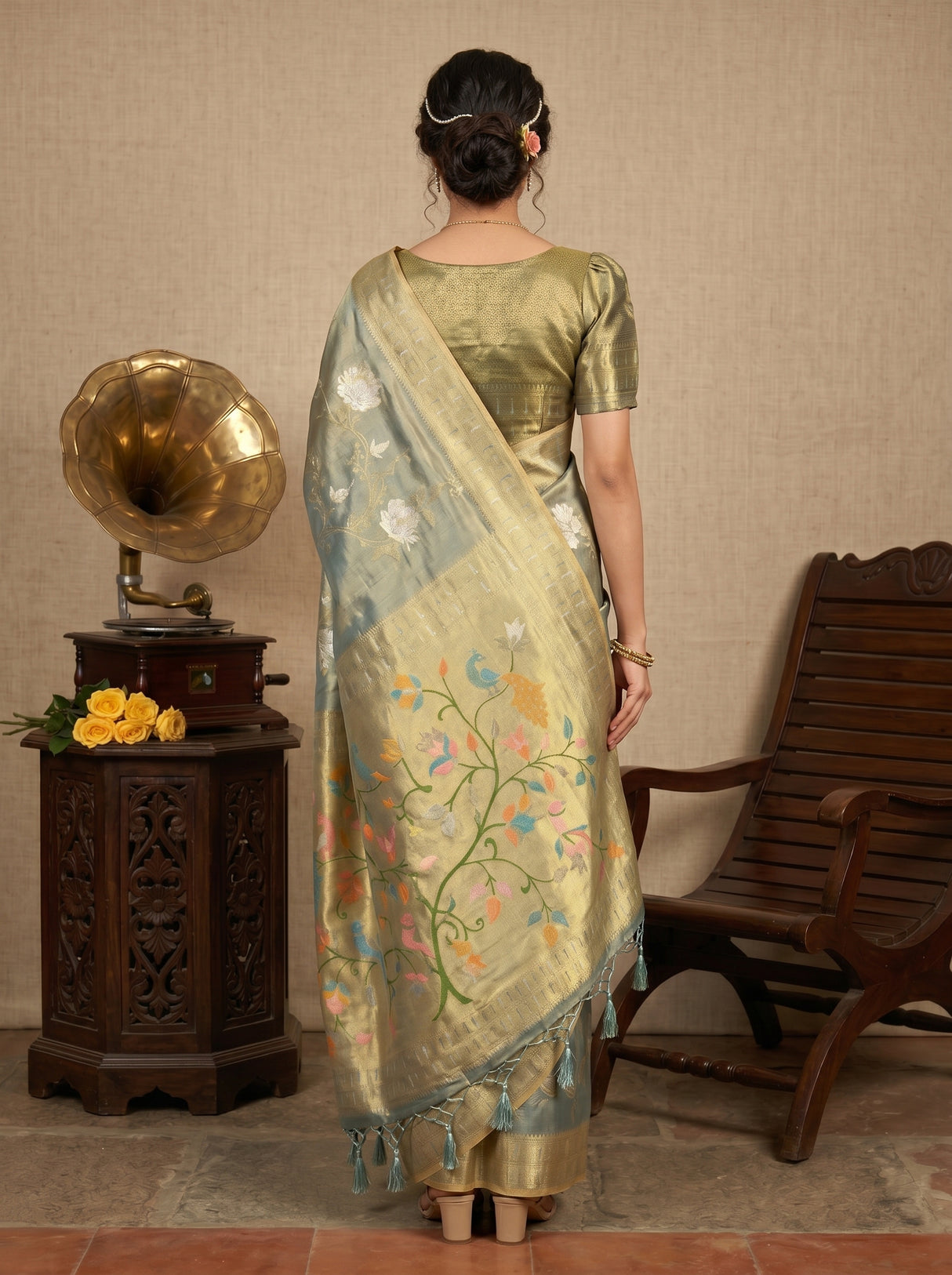 MIMOSA Sapphire Kanjivaram Art Silk Saree — pose 2 styling detail