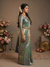 MIMOSA Green Kanjivaram Art Silk Saree — Pallu and Body Detail