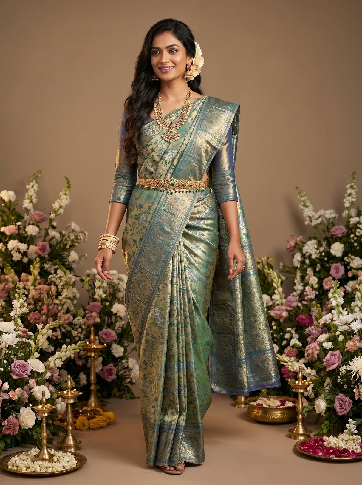 MIMOSA Green Kanjivaram Art Silk Saree — pose 7 styling detail
