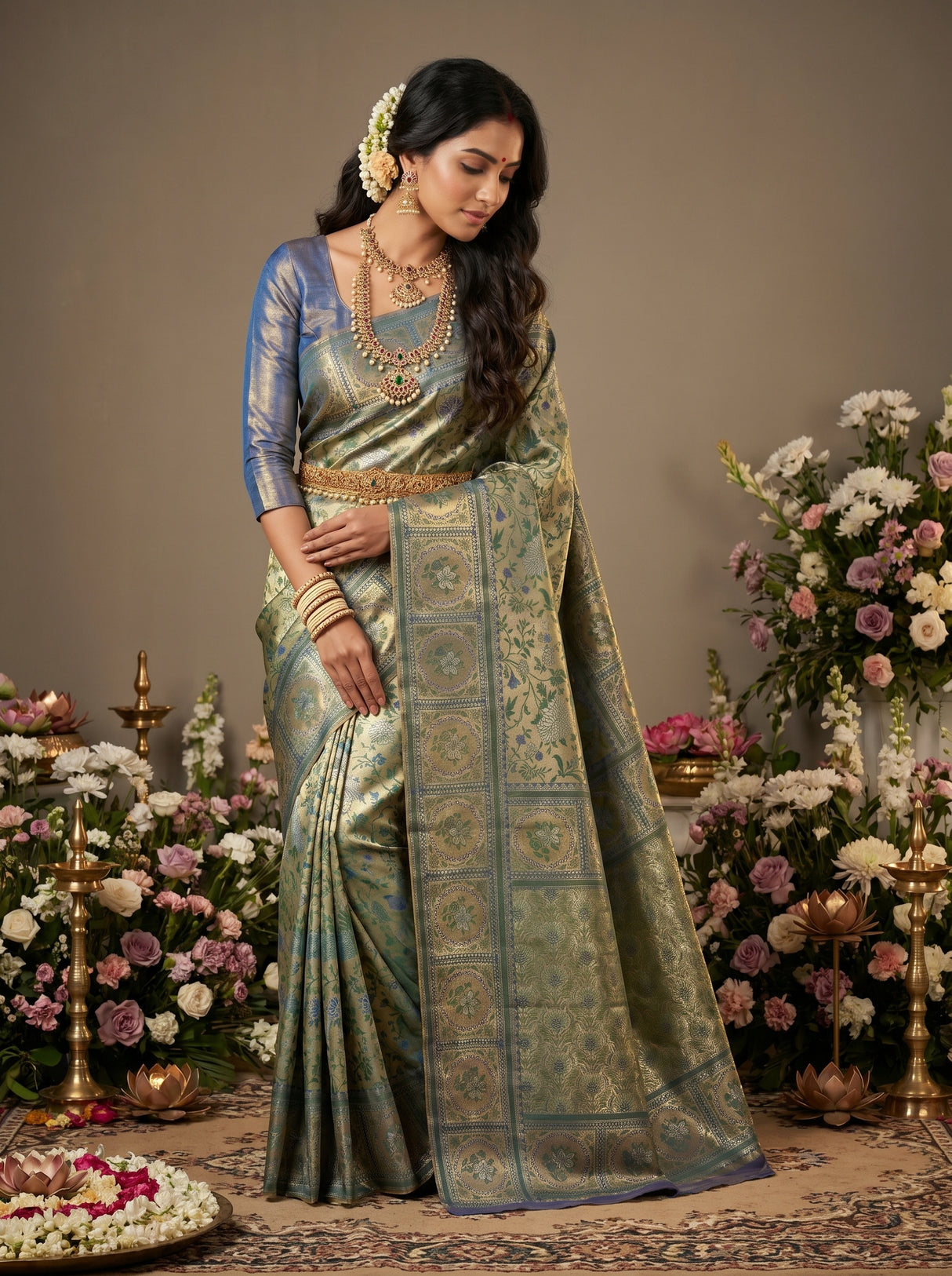 MIMOSA Green Kanjivaram Art Silk Saree — pose 8 styling detail
