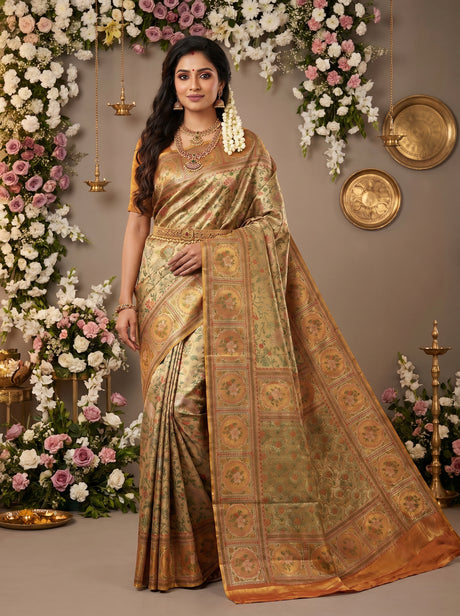 MIMOSA Orange Kanjivaram Art Silk Saree — Draped Mannequin View